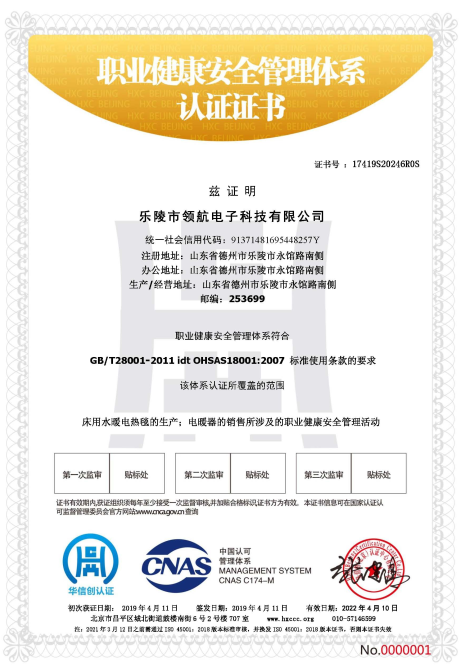 樂陵領航電子職業(yè)健康安全管理體系認證證書